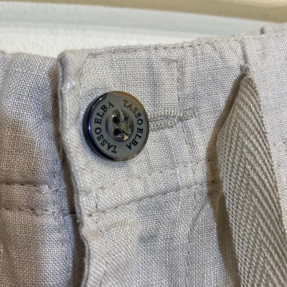 Tasso Elba Mens 100% Linen Pants Beige Elastic Waist Drawstring Casual Size L